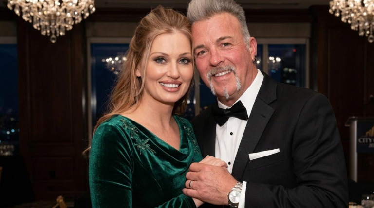 Gabby Randallson and Buff Bagwell with marriage details in a digital graphic layout.