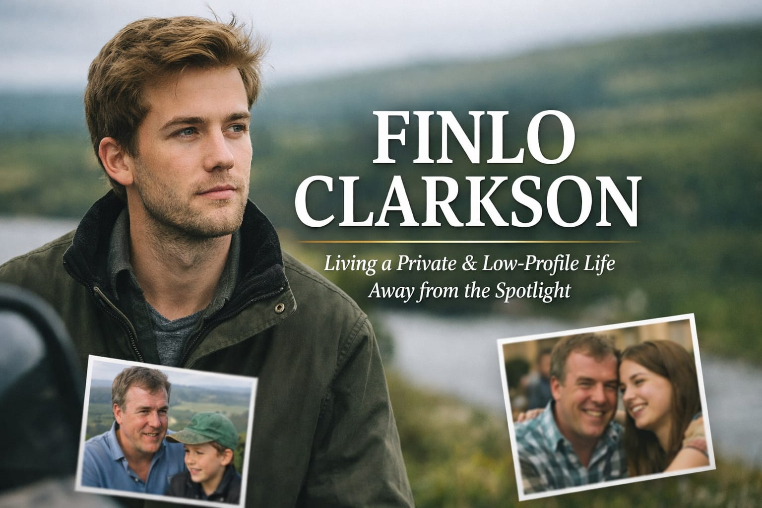 Finlo Clarkson, son of Jeremy Clarkson, enjoying a private life away from the spotlight with a serene countryside background