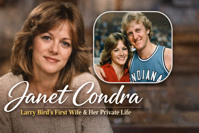 Janet Condra portrait with inset of her and Larry Bird during their early years, highlighting her private life and family connection.