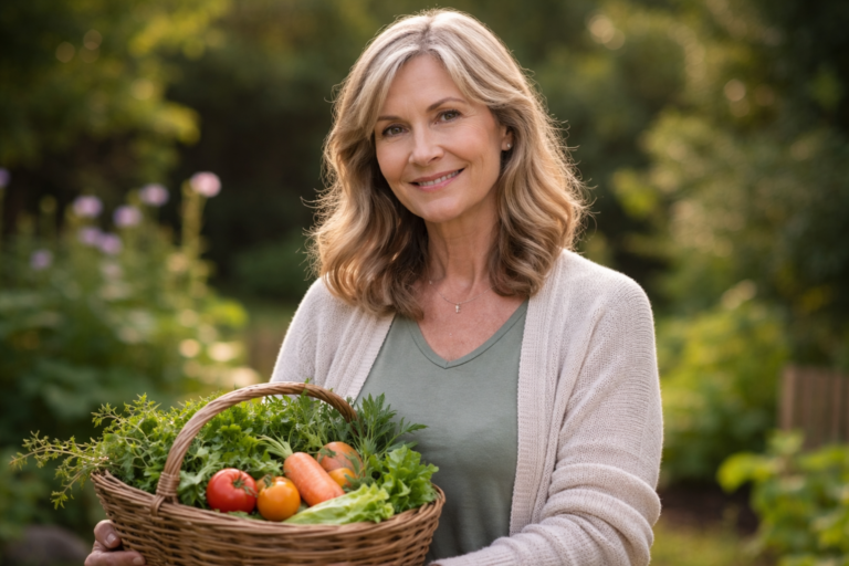 Margot Rooker standing in a garden holding fresh vegetables, representing her private and peaceful lifestyle away from Hollywood.