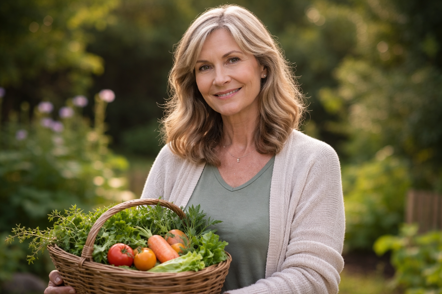 Margot Rooker standing in a garden holding fresh vegetables, representing her private and peaceful lifestyle away from Hollywood.